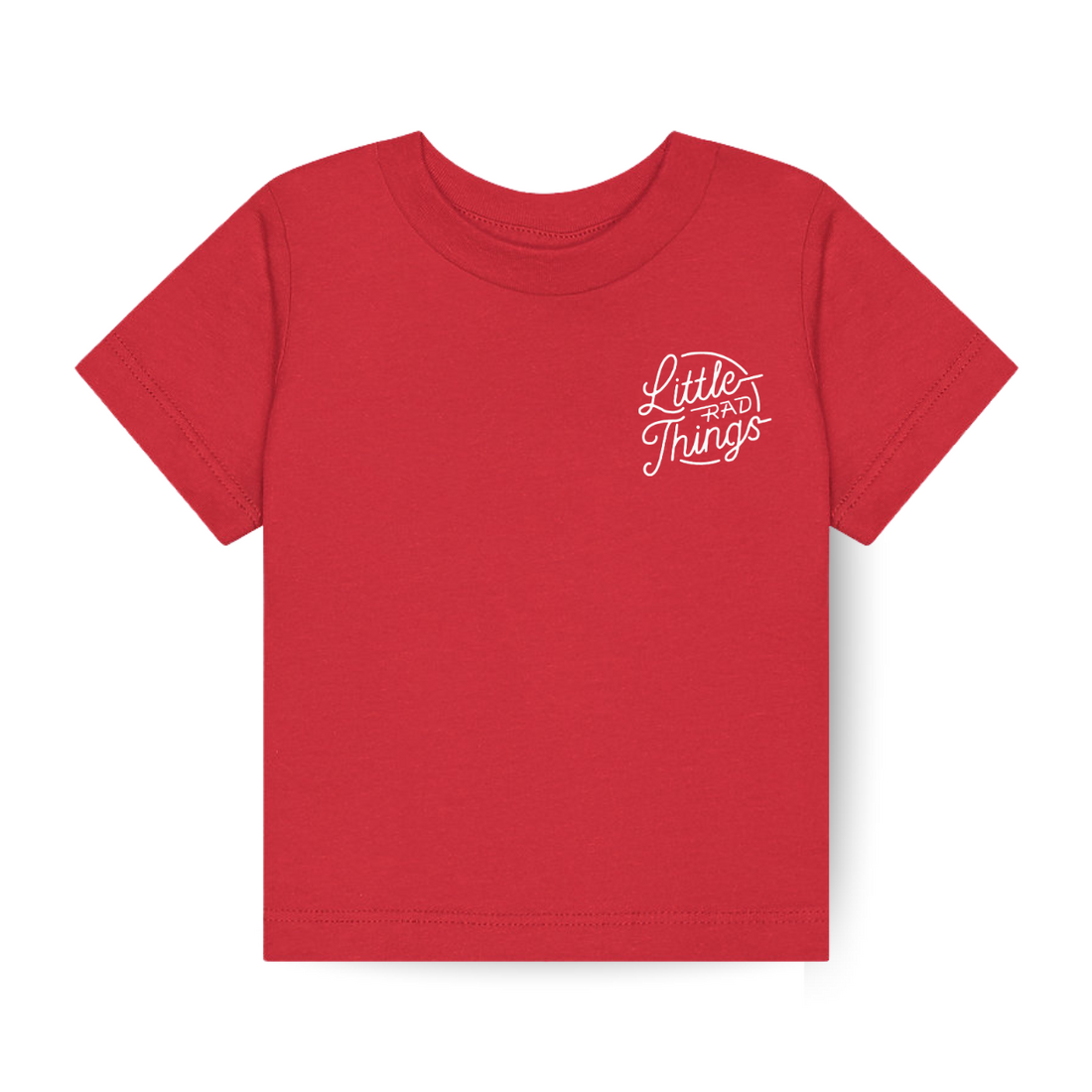 Red RAD Circle Logo Tee, front view with small logo detail.