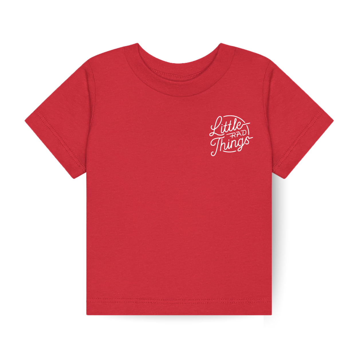 Red RAD Circle Logo Tee, front view with small logo detail.