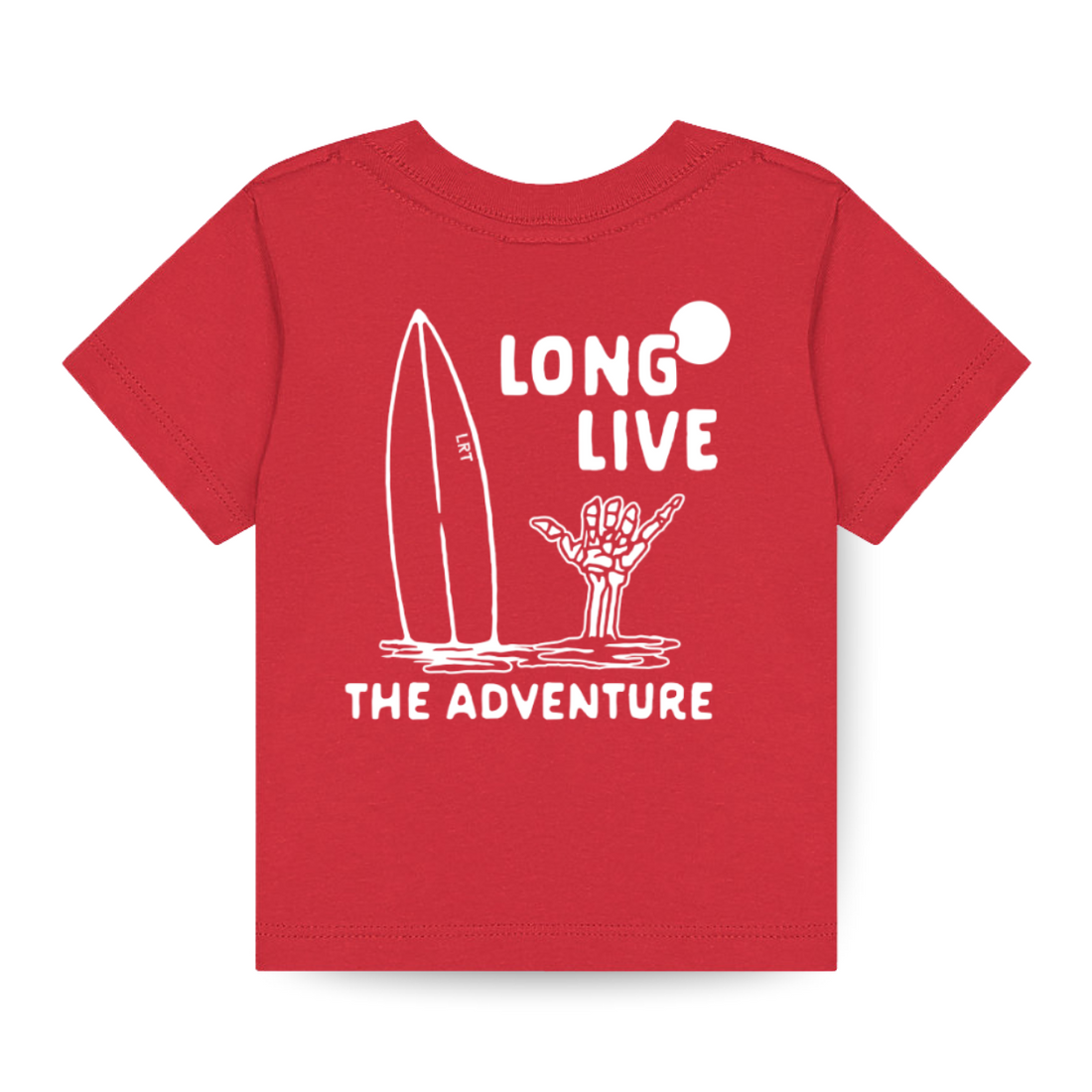 Red Long Live the Adventure Tee featuring a surfboard and shaka hand graphic.