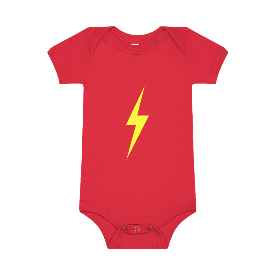 Ocean Cubs red onesie with yellow lightning bolt graphic; cool baby clothes.