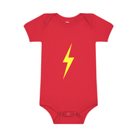 Ocean Cubs red onesie with yellow lightning bolt graphic; cool baby clothes.