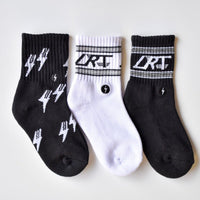 Classic Rock sock three-pack with black and white vintage designs.