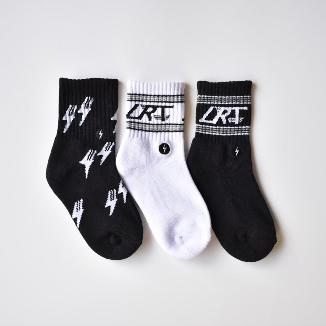 Classic Rock 3-pack socks: black with lightning bolts, white with LRT logo, black with LRT logo.
