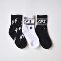 Classic Rock 3-pack socks: black with lightning bolts, white with LRT logo, black with LRT logo.