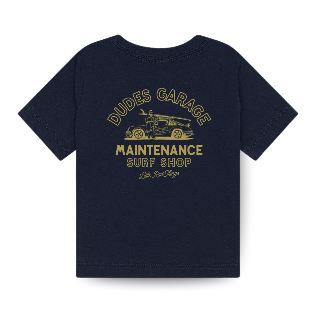 Dudes Garage navy tee shirt with gold vintage car graphic.