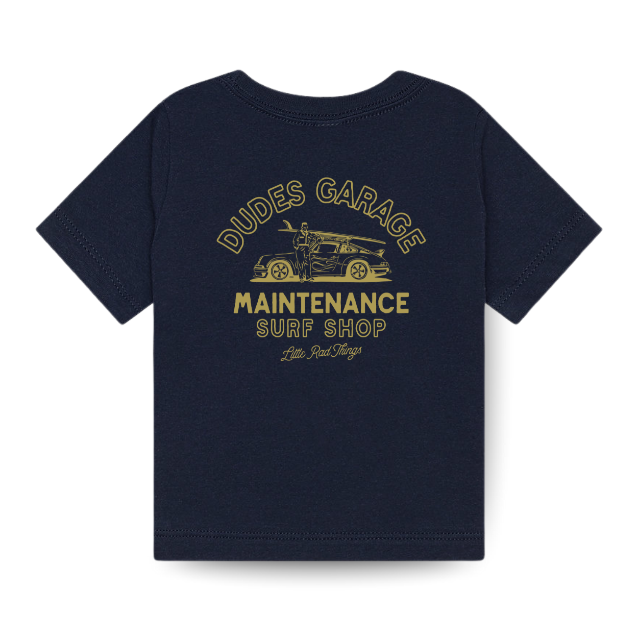 Dudes Garage navy tee shirt with gold vintage car graphic.