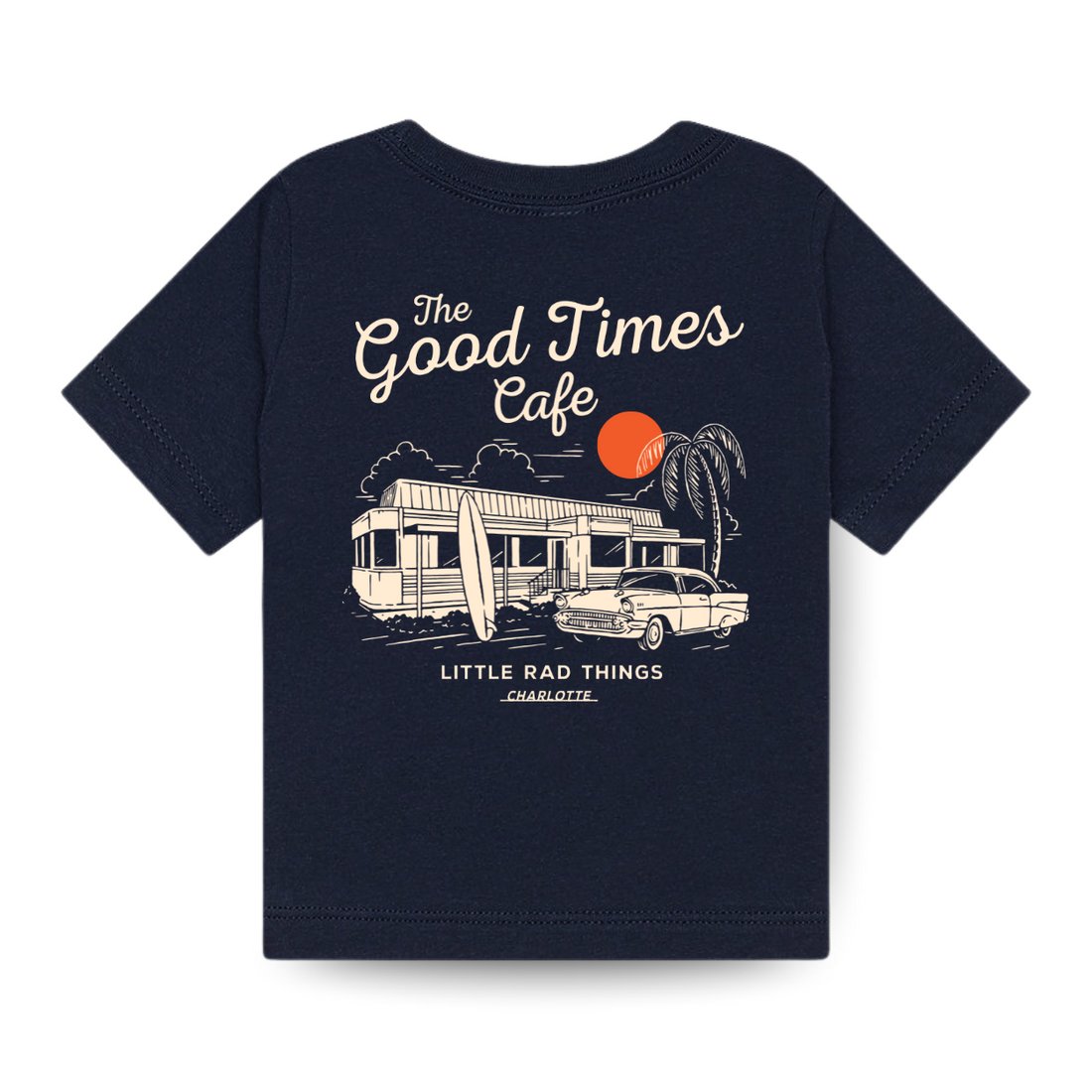 Navy Good Times Cafe Tee with retro diner graphic.