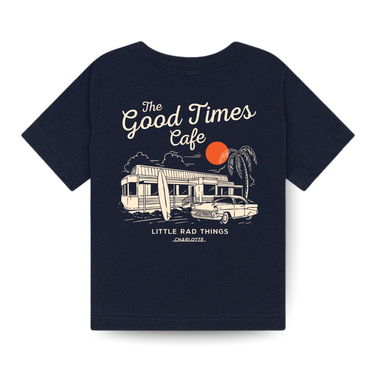 Navy Good Times Cafe Tee with retro diner graphic.