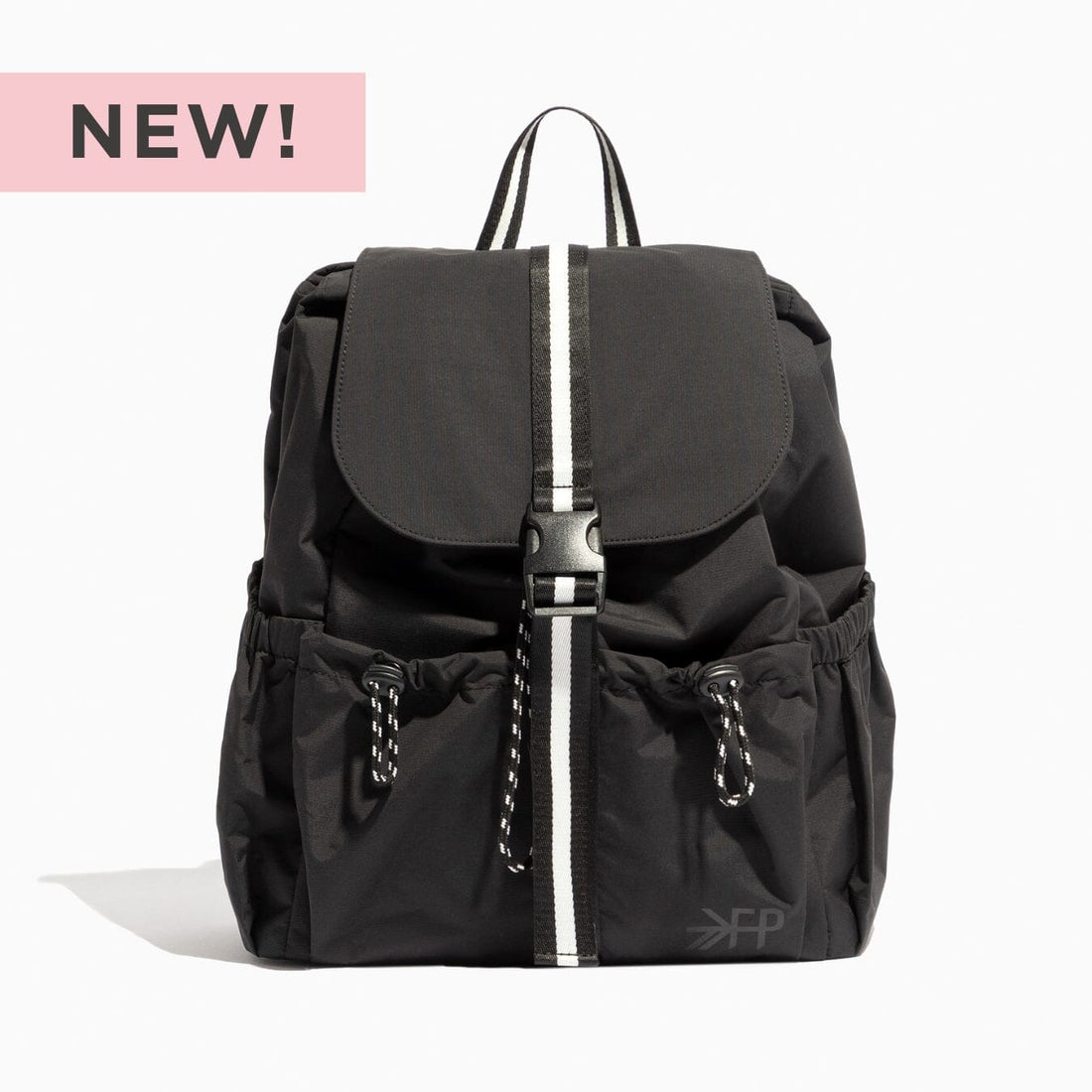 Jet Motion Drawcord Backpack in black with white stripe detail.