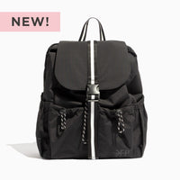 Jet Motion Drawcord Backpack in black with white stripe detail.