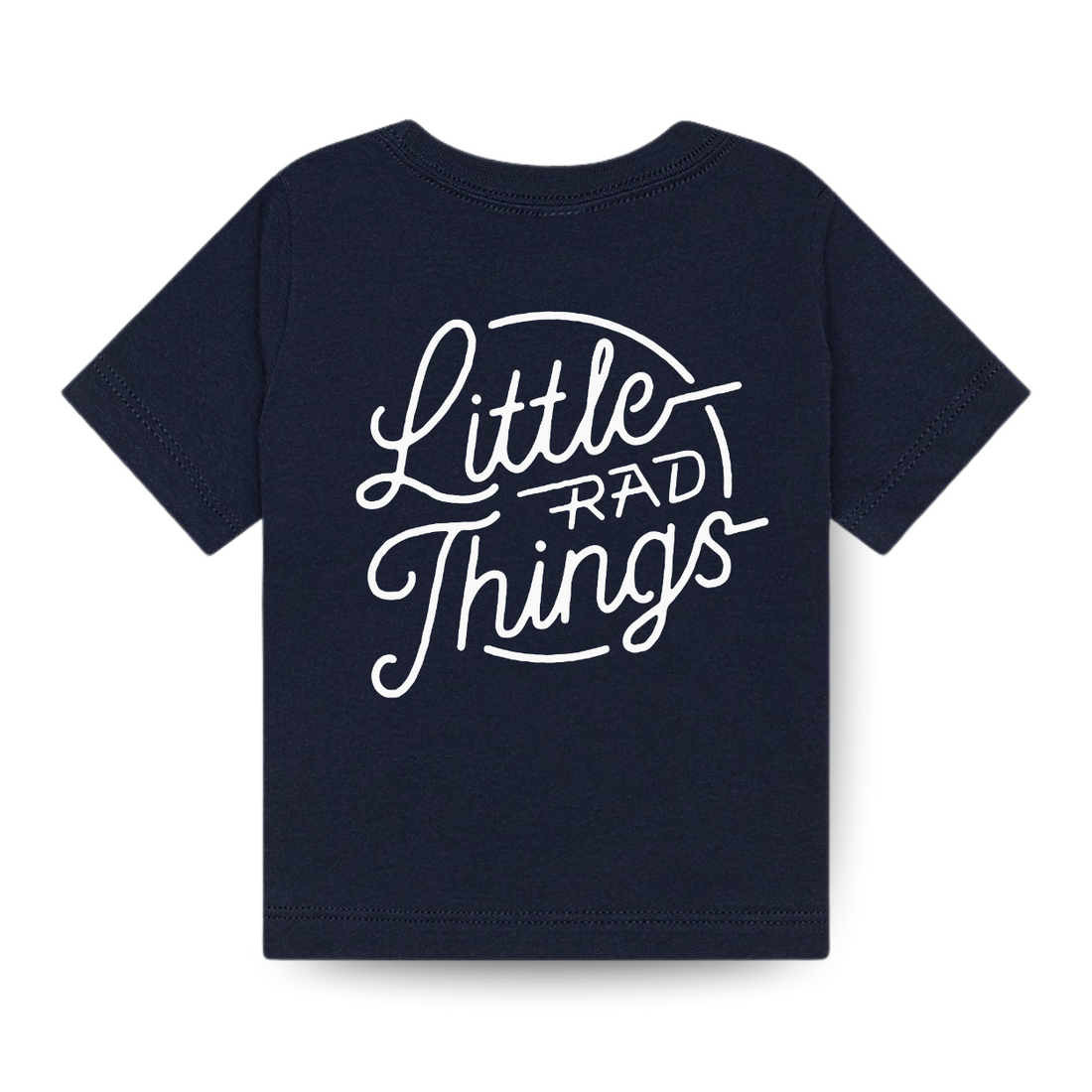 Navy RAD Circle Logo Tee featuring 'Little Rad Things' in white script.