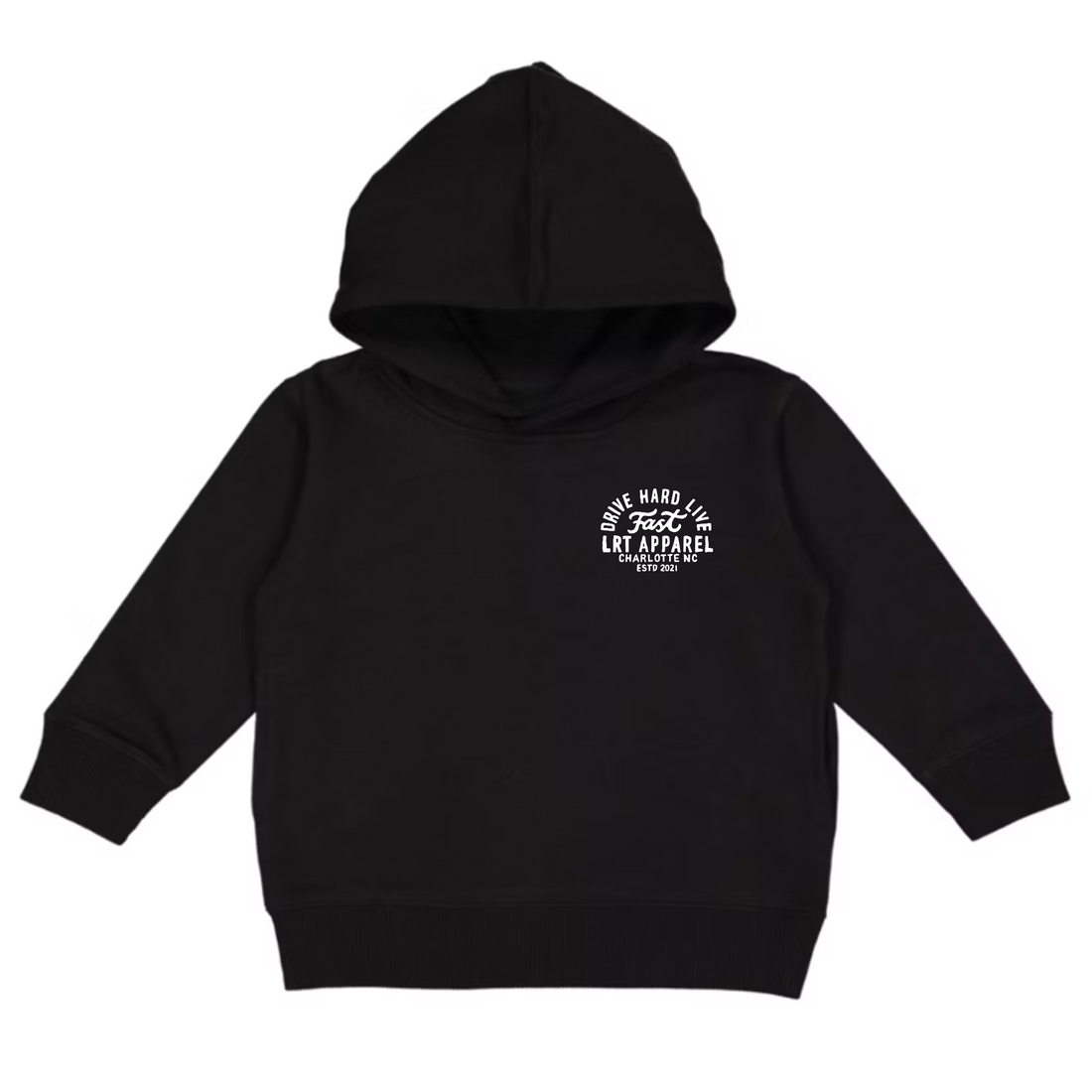 Front of black Apex Live Fast hoodie with small 'Drive Hard Live Fast' graphic.