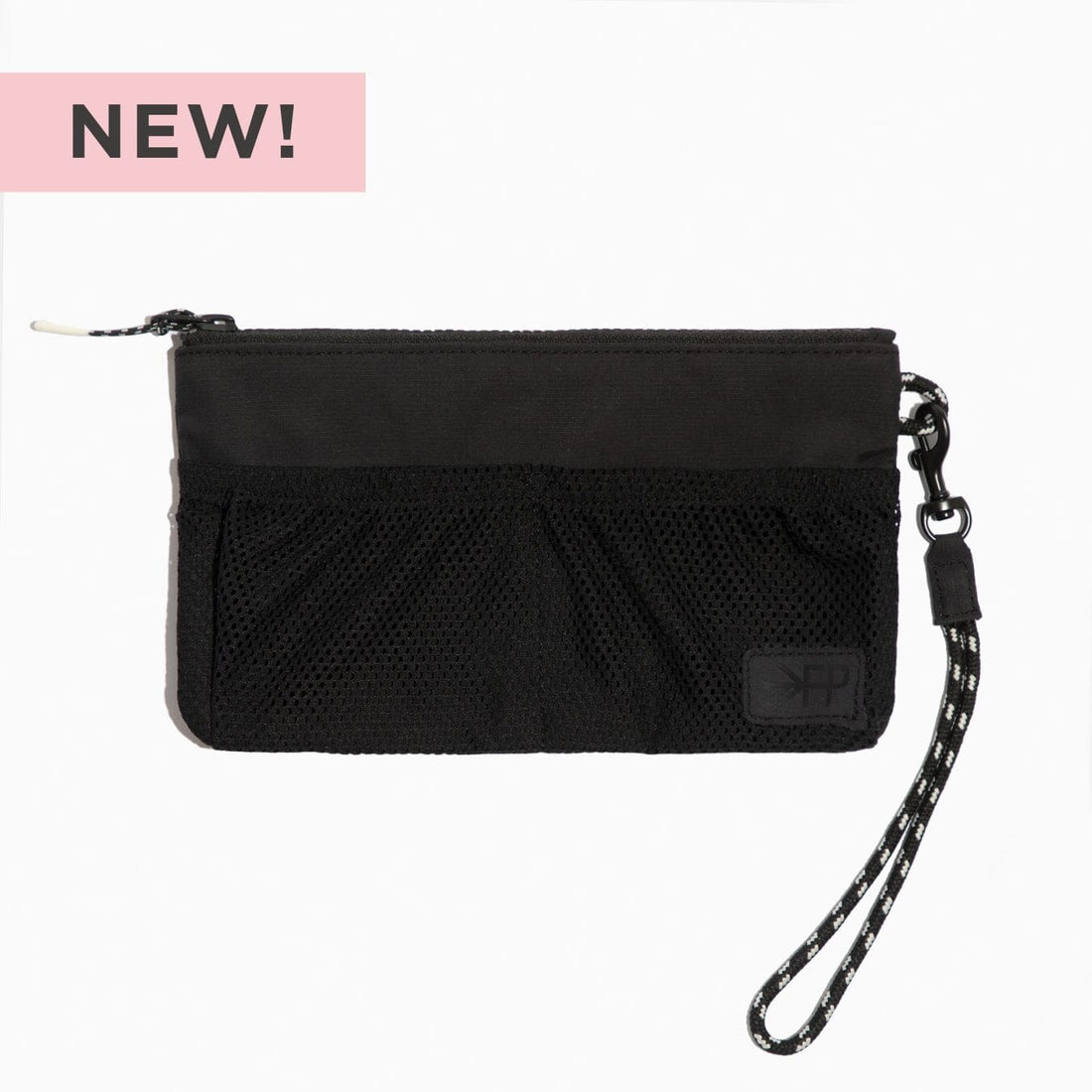 Jet Motion Wristlet Pouch in black nylon with wrist strap and mesh pockets.
