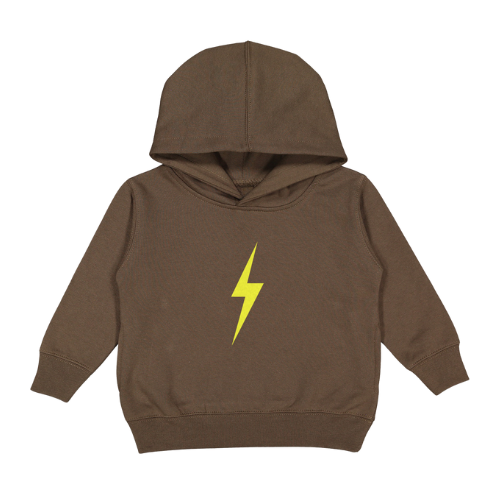 Army green Spark hoodie with a neon yellow lightning bolt.