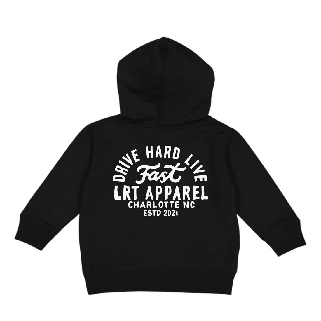 Back of black Apex Live Fast hoodie featuring 'Drive Hard Live Fast' graphic.