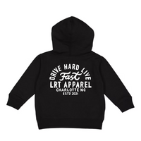 Back of black Apex Live Fast hoodie featuring 'Drive Hard Live Fast' graphic.