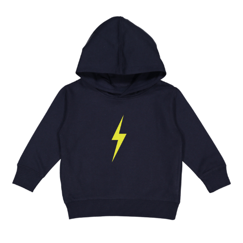 The Spark neon yellow lightning bolt on a navy blue toddler hoodie.