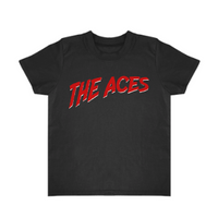 The Aces Tee: Plain black kids' t-shirt with 'The Aces' text in red.