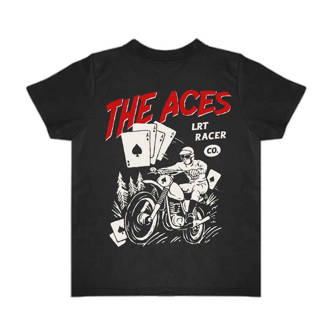 The Aces Tee: Black t-shirt with motorcycle racer and playing card graphic.