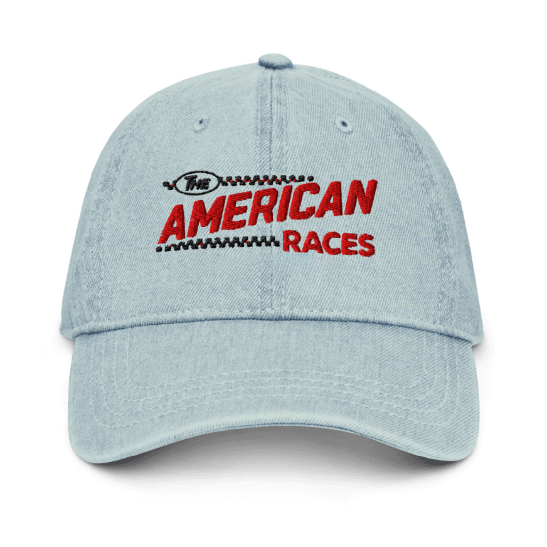 Light blue 'The American Races' dad hat; vintage style, unstructured, low profile.