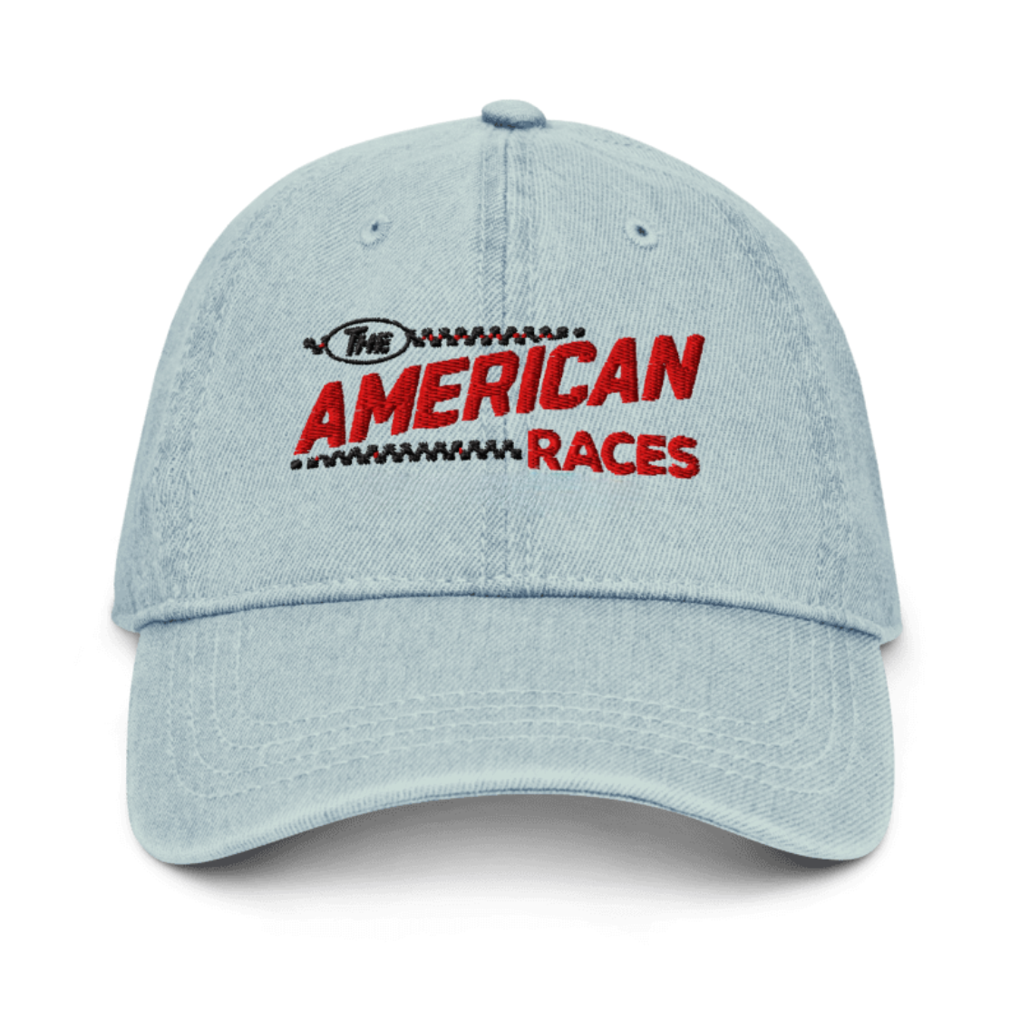 Light blue 'The American Races' dad hat; vintage style, unstructured, low profile.