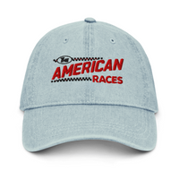 Light blue 'The American Races' dad hat; vintage style, unstructured, low profile.