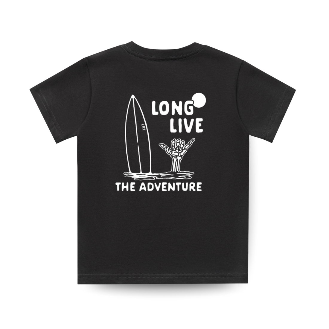 Long Live The Adventure Tee in black with surf graphic on back.