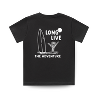 Long Live The Adventure Tee in black with surf graphic on back.