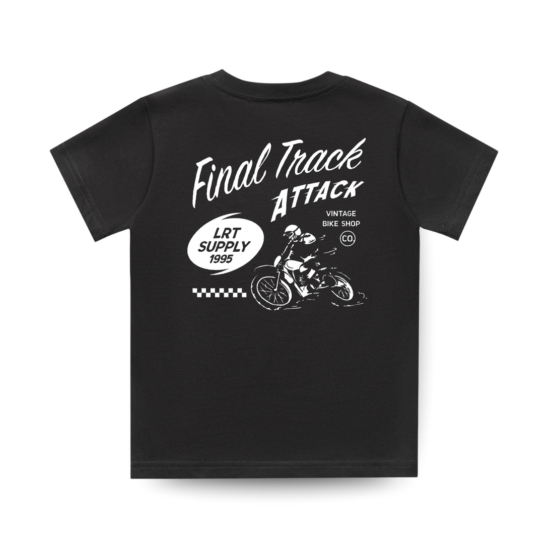 Black Final Track Attack Tee with vintage motorcycle graphic on the back.