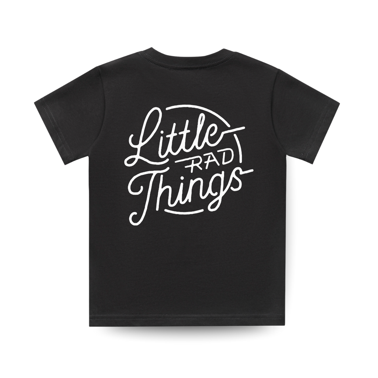 Back of black RAD CIRCLE LOGO TEE featuring white 'Little Rad Things' text.