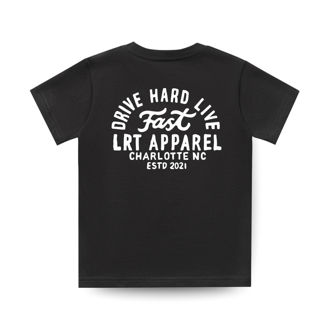 Back of black APEX LIVE FAST tee, featuring white text graphic.