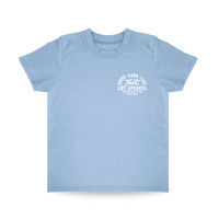 Close-up of APEX LIVE FAST tee in cloud blue.