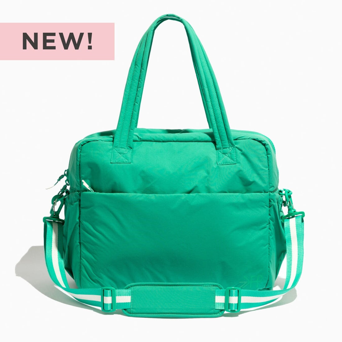 Kelly Motion Overnight Duffle in green with white striped strap and NEW! tag