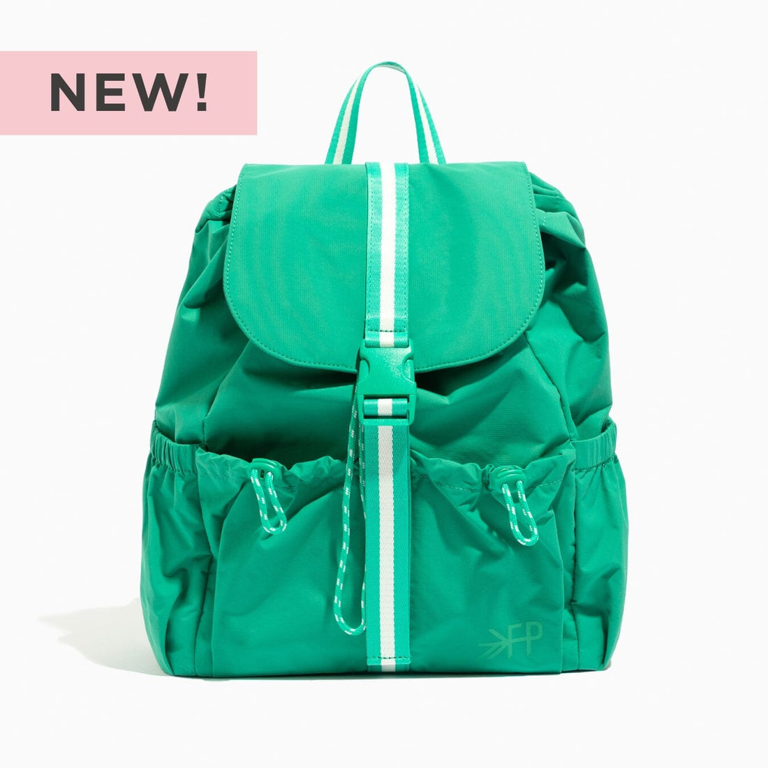 Kelly Motion backpack in green with white stripe and drawcord closure.