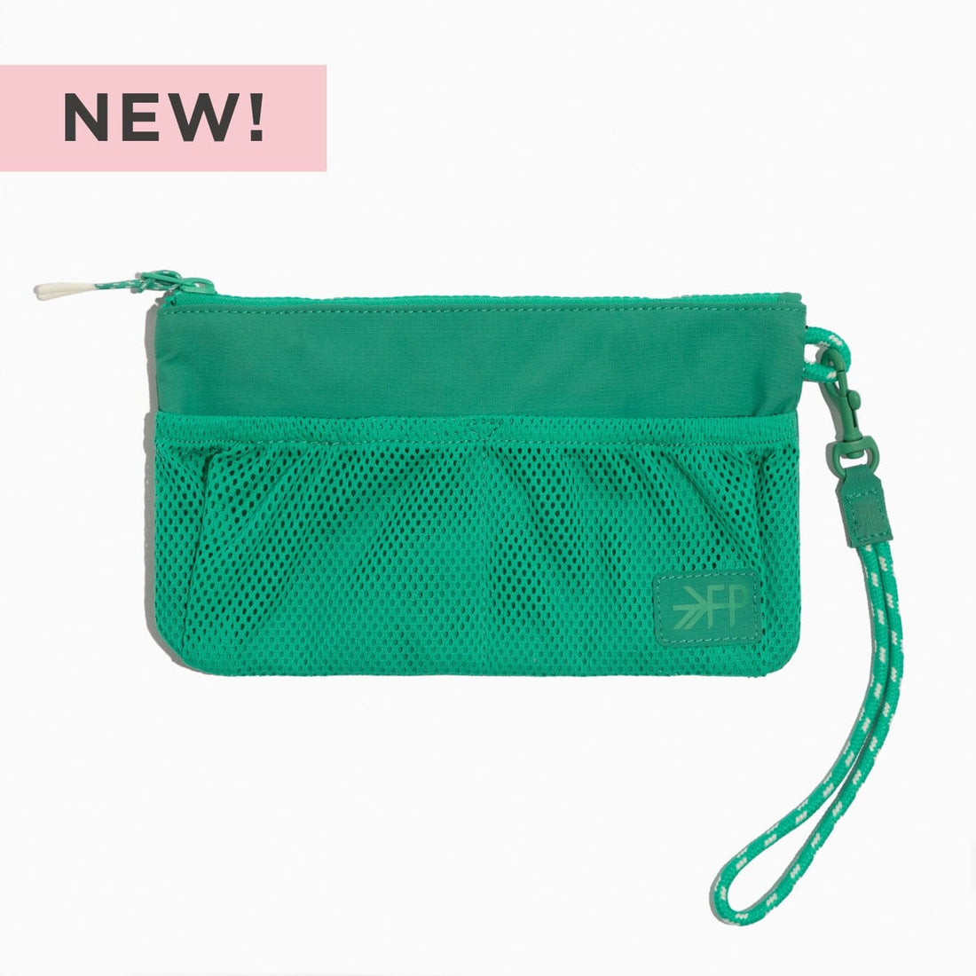 Kelly Motion Wristlet Pouch in green with mesh pockets and wrist strap.