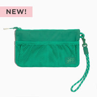 Kelly Motion Wristlet Pouch in green with mesh pockets and wrist strap.