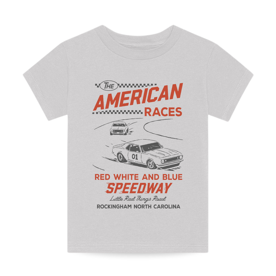 Grey All American Races Tee featuring a vintage race car design.
