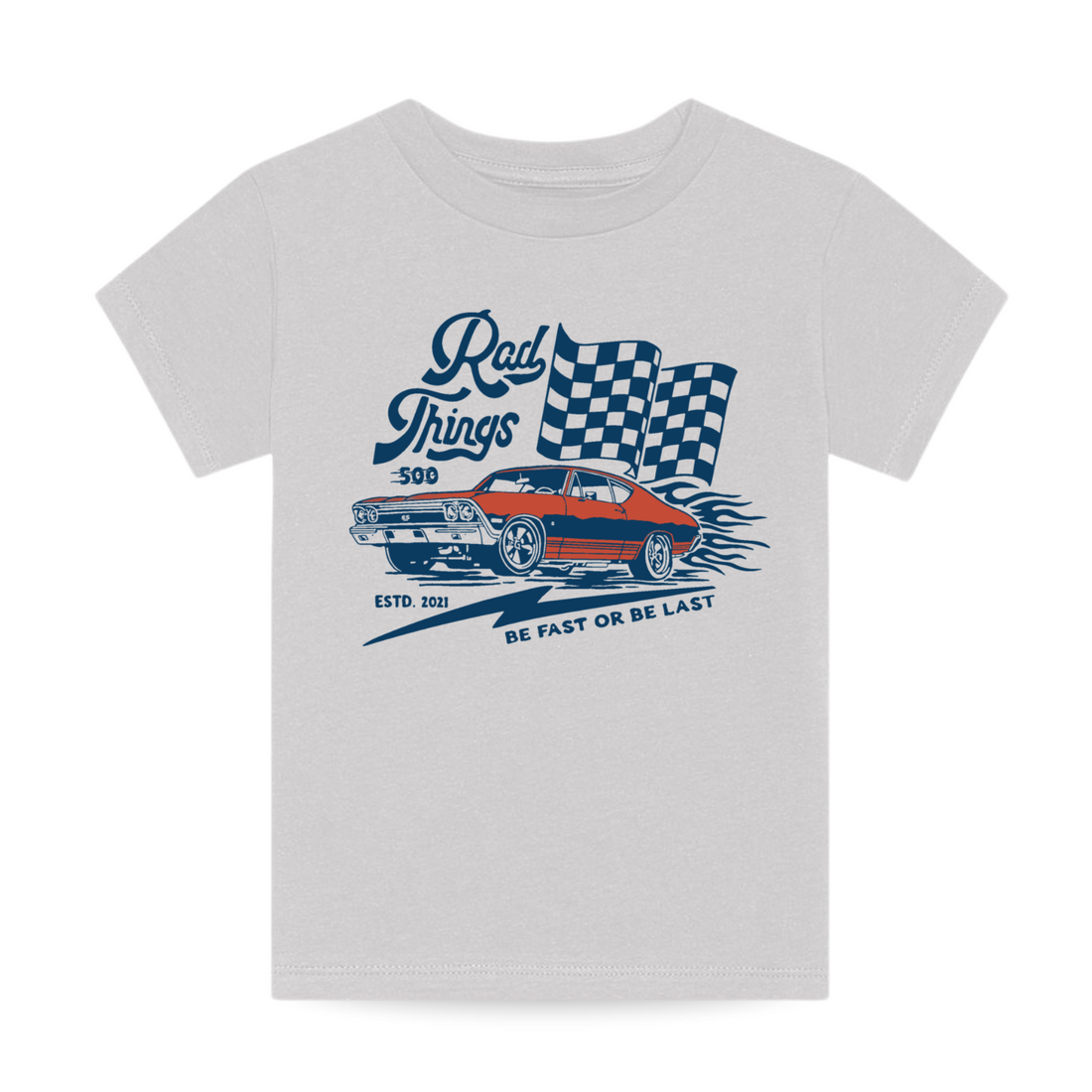 Grey Rad Things 500 tee with race car graphic and checkered flags.