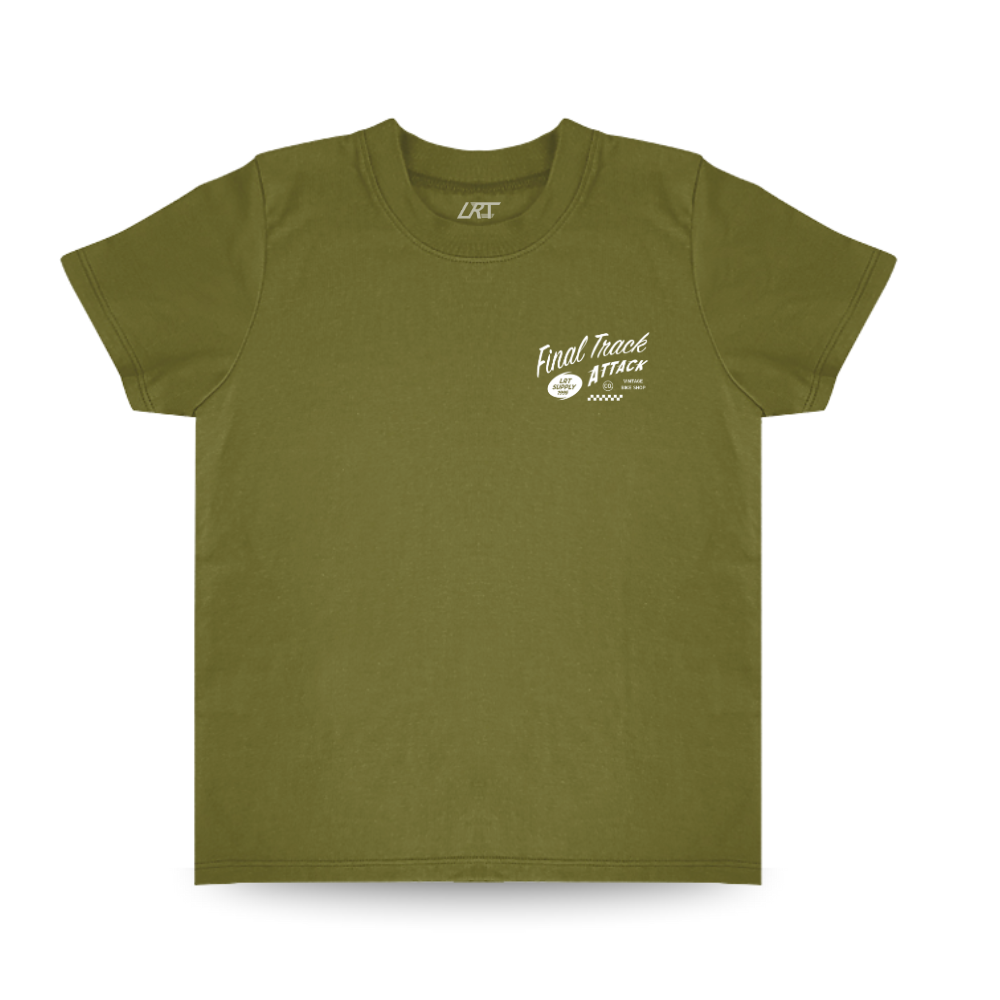 Military green Final Track Attack tee front view with small logo graphic.