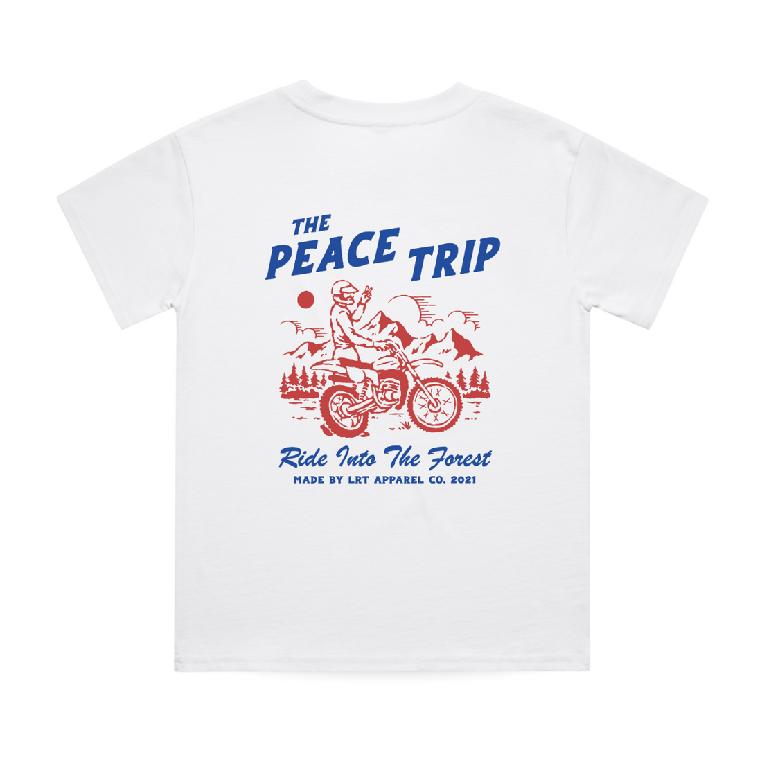 Back of white Peace Trip Tee with motorcycle graphic