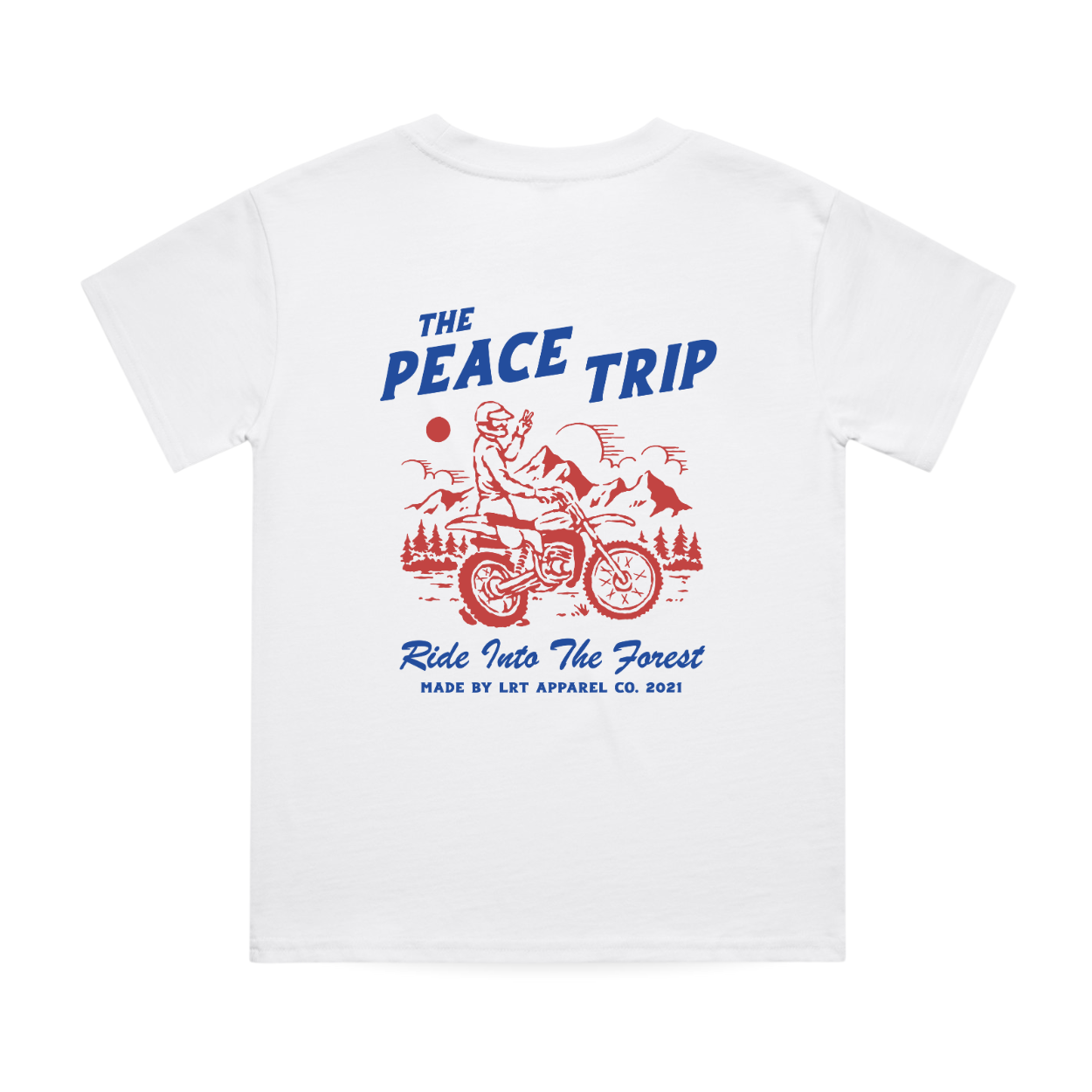 Back of white Peace Trip Tee with motorcycle graphic