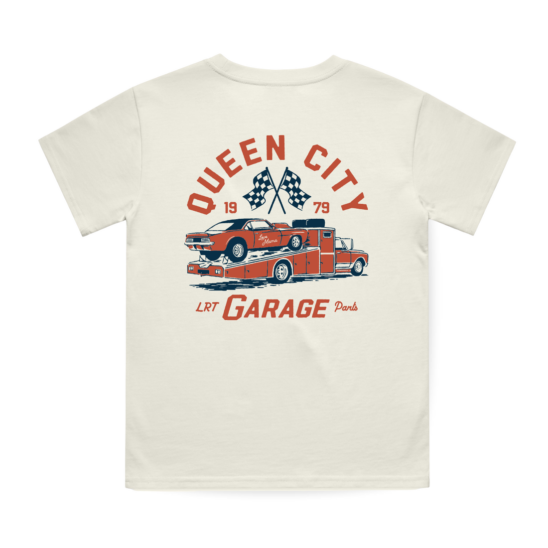 Queen City Garage Tee in vintage cream color, featuring a retro racing graphic on the back.