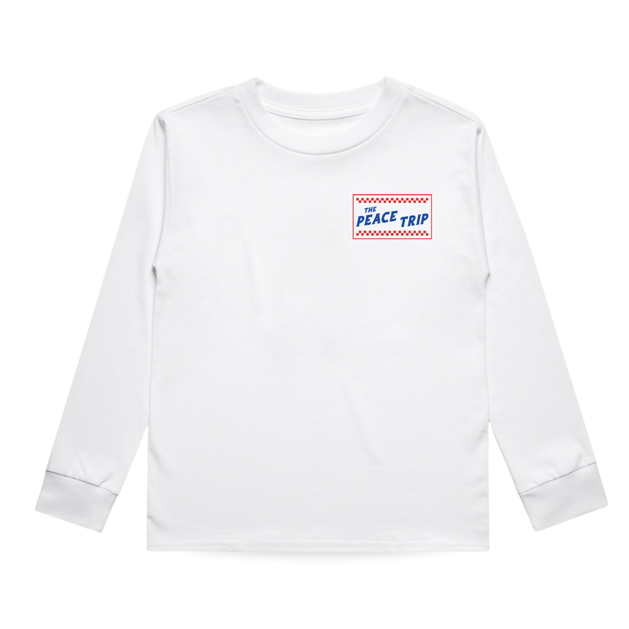 Front of white 'Peace Trip' long sleeve tee with checkered logo.