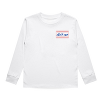 Front of white 'Peace Trip' long sleeve tee with checkered logo.