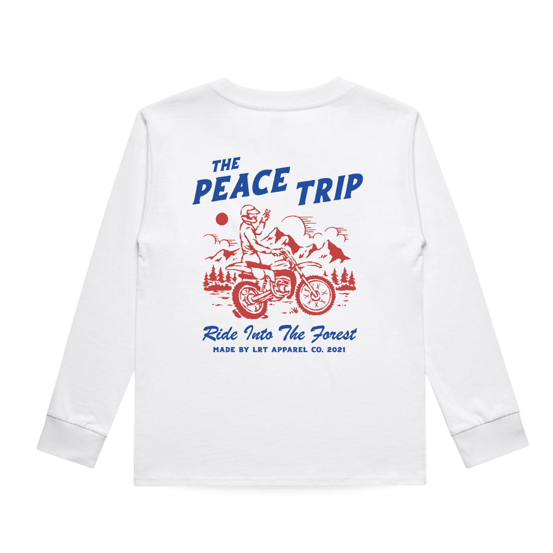 Back of white 'Peace Trip' long sleeve tee with motorcycle graphic.