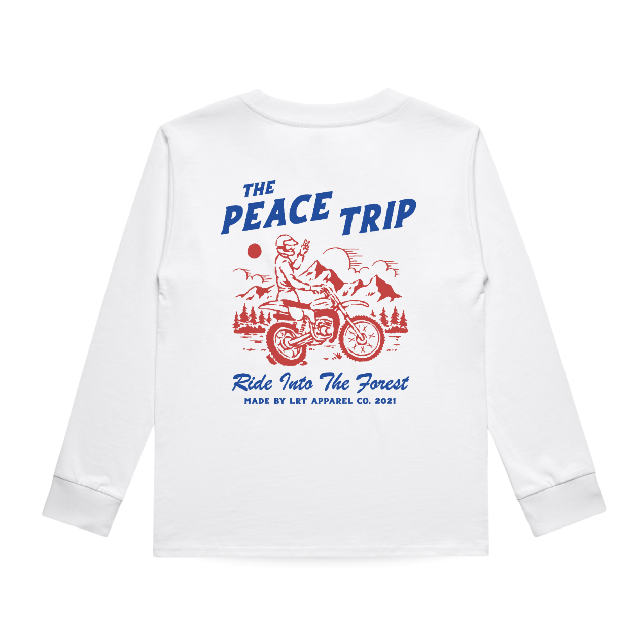 Back of white 'Peace Trip' long sleeve tee with motorcycle graphic.