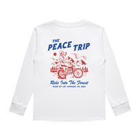 Back of white 'Peace Trip' long sleeve tee with motorcycle graphic.