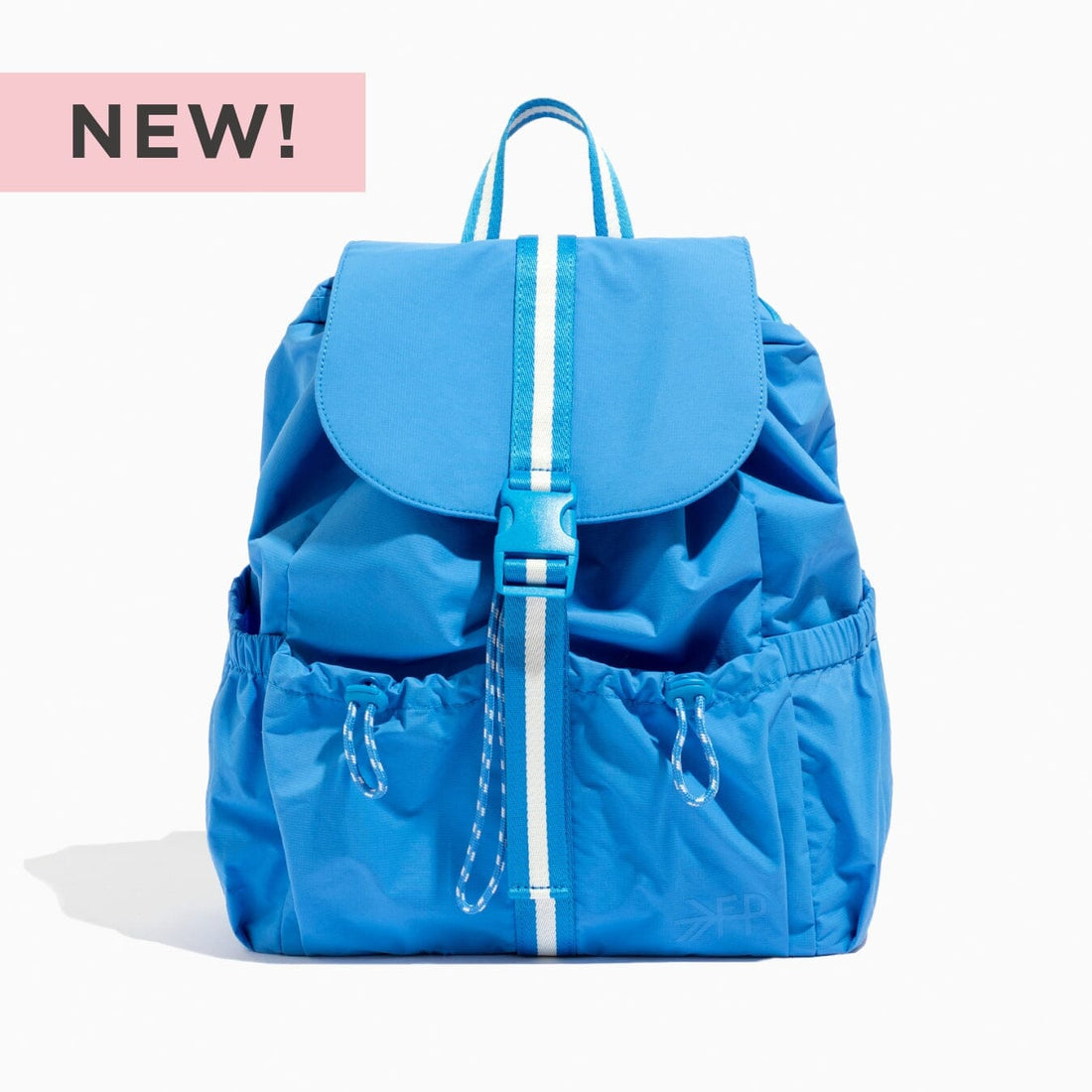 Wave Motion Drawcord Backpack in blue with white stripes, front view.