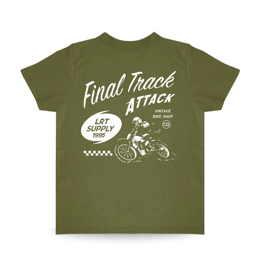 Military green Final Track Attack Tee back view with motorcycle graphic.