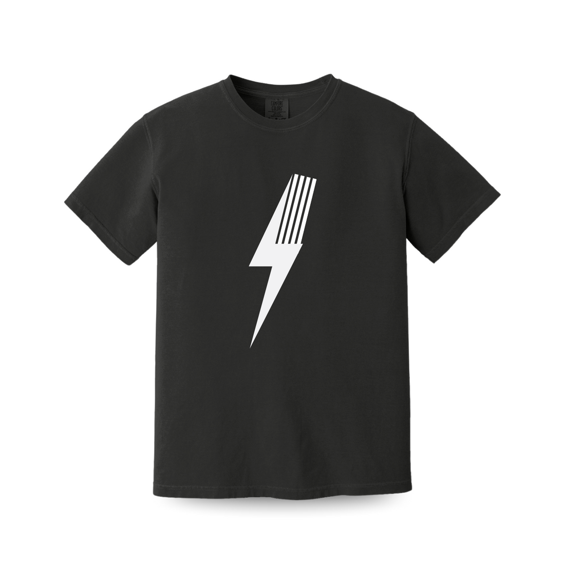 Black Adult Spark Tee featuring a white lightning bolt graphic.